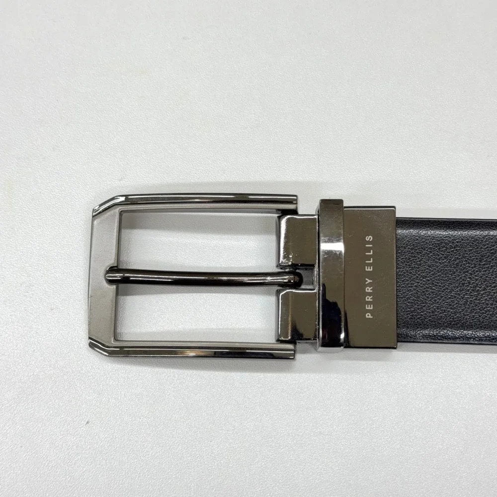 Perry Ellis Mens Genuine Leather Belt Size 34/85 Black Brown GunMetal Buckle
